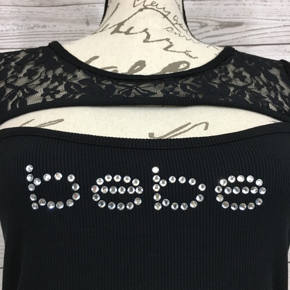 bebe Logo Shirt Rhinestone Lace PEAKABOO Top - Picture 4 of 8